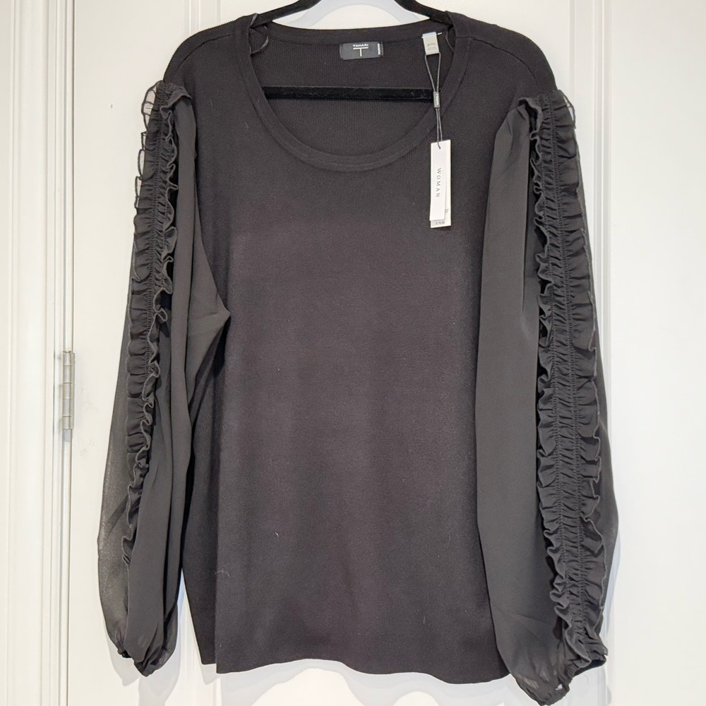 Tahari Black Ruffle Sleeve Knit Top Blouse Womens size 3X XXXL NWT Minimalist